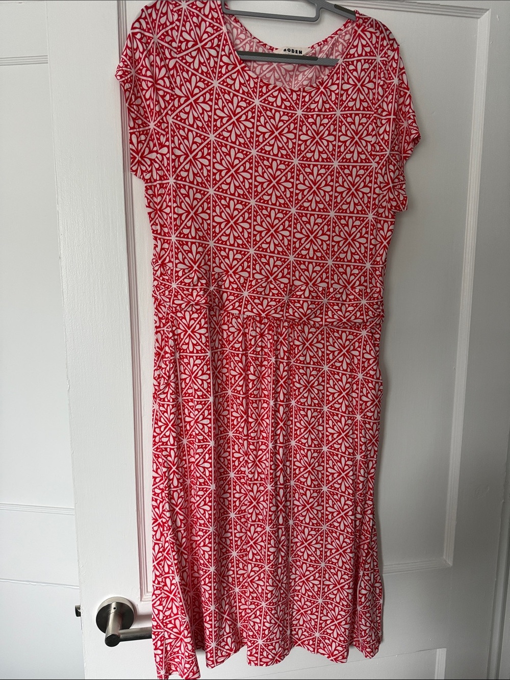Boden Red and White Geometric Floral Midi Dress